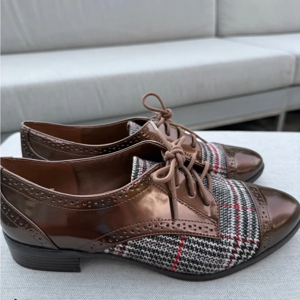 Anne Klein oxford shoes womens 8.5M Louisa Plaid Bronze Lace-up Academia